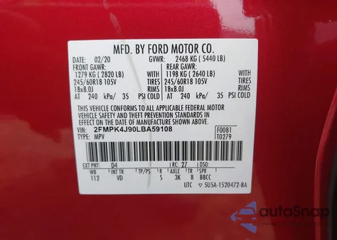 2020 Ford Edge Sel from USA, damaged, VIN 2FMPK4J90LBA59108